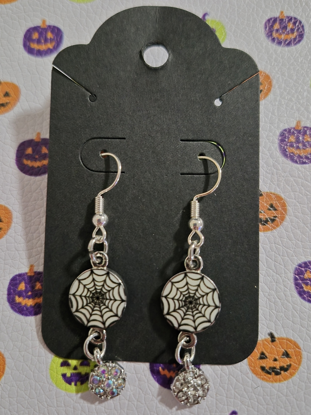 White Spiderweb Drop Earrings with Crystal Charm